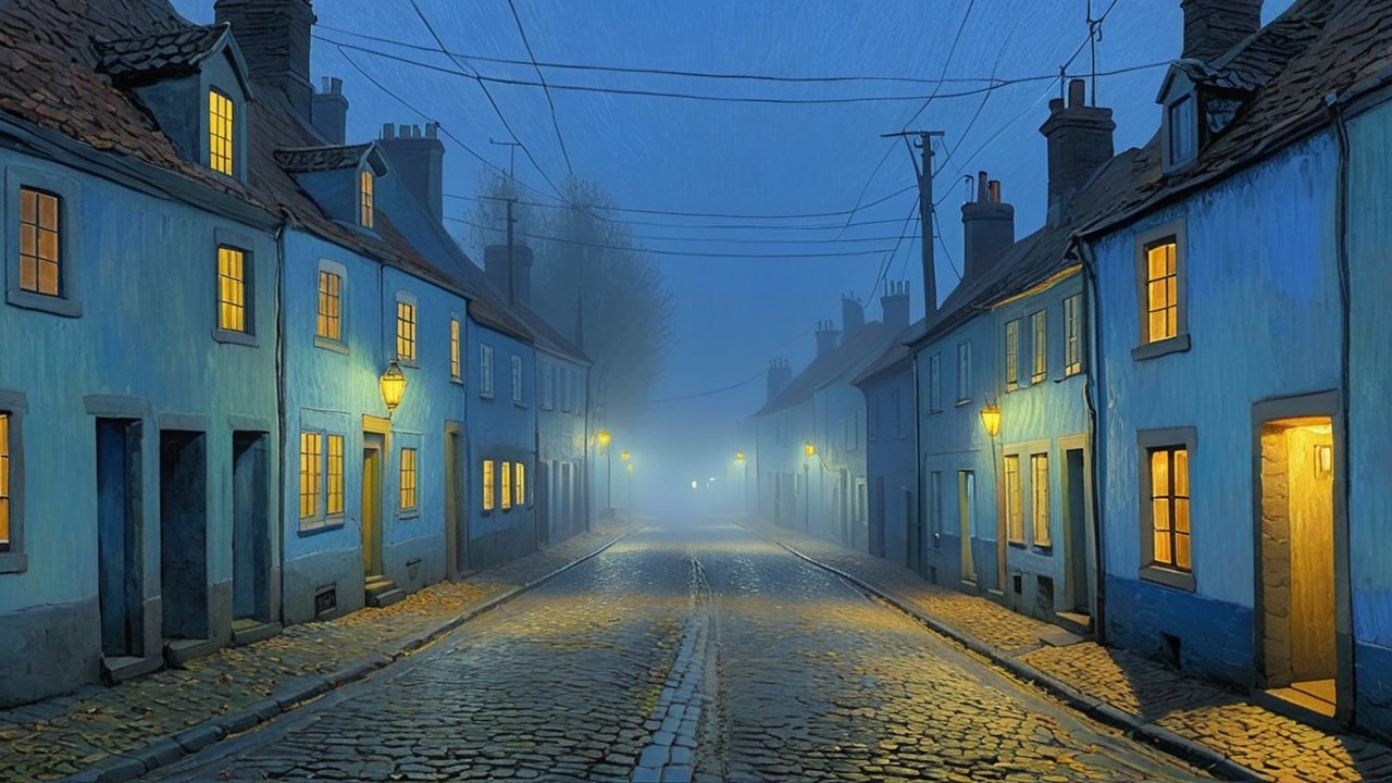 Misty Street with Charming Cottages and Soft Light