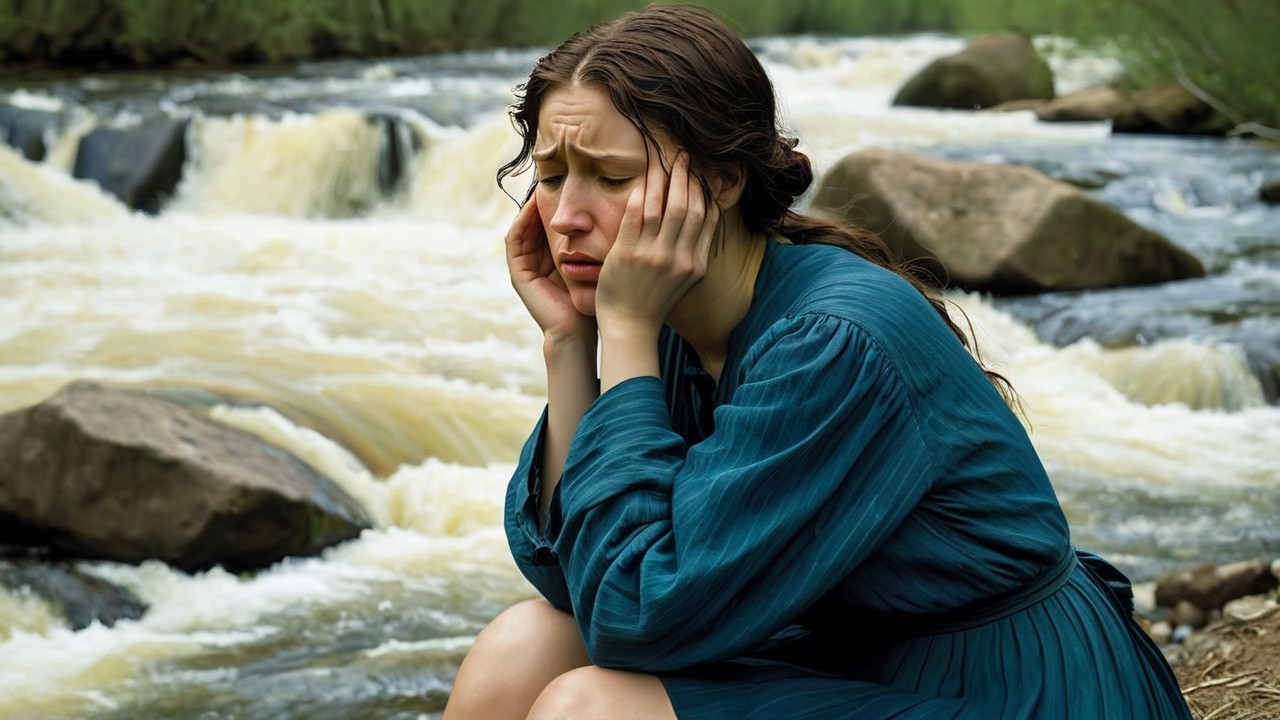 Young Woman in Teal Dress by Rushing River