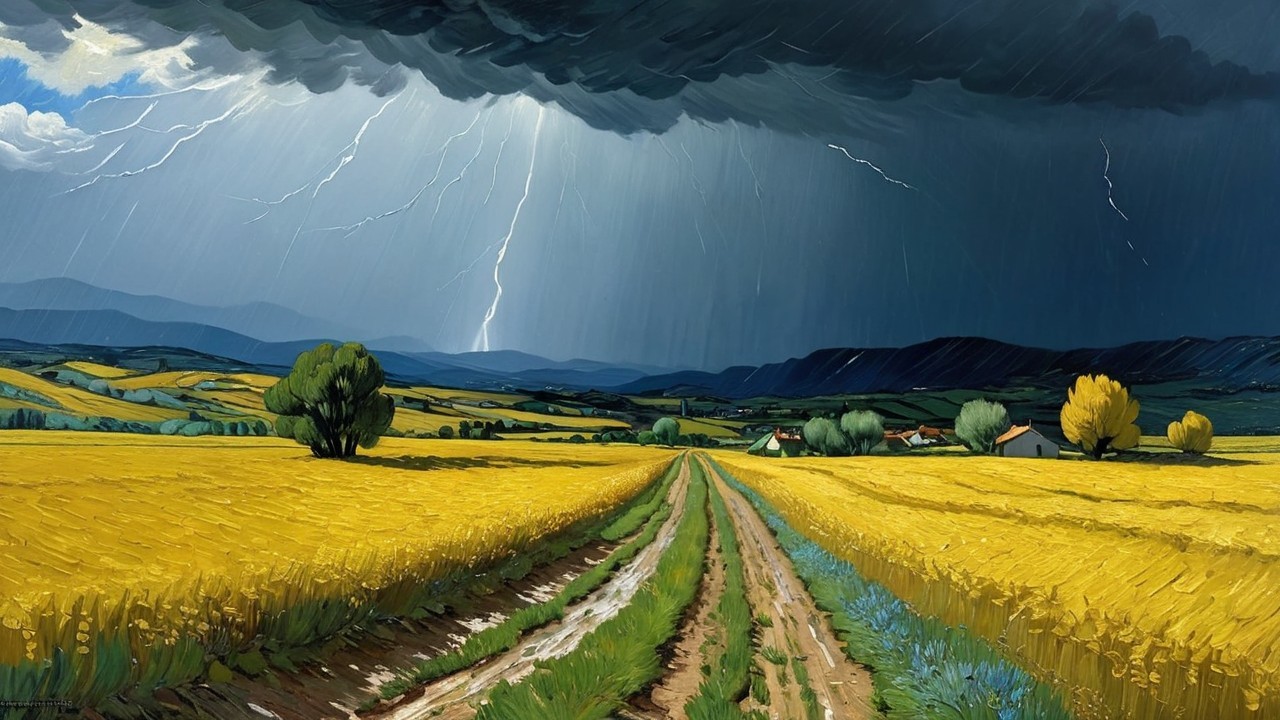 Dramatic Landscape of Golden Crops and Stormy Sky