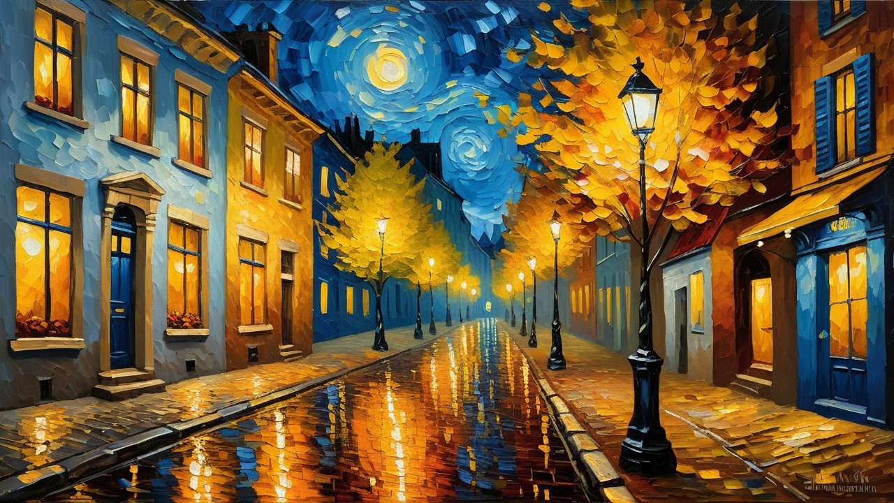 Evening Street Scene with Colorful Buildings and Trees