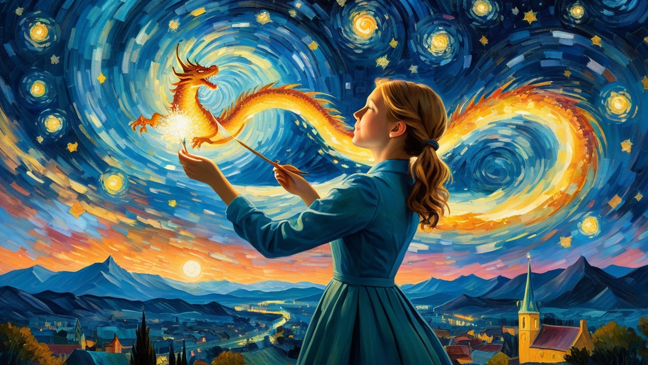 Young girl in blue gown with golden dragon in night sky