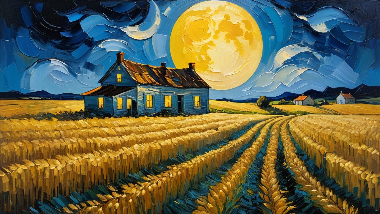 Rustic Farmhouse Under a Luminous Full Moon