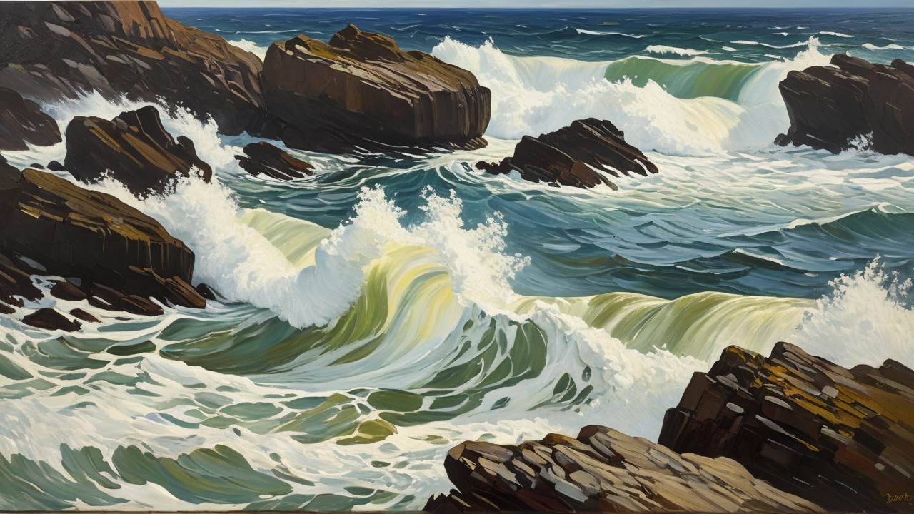 Oil Painting of Rocky Coastline with Waves