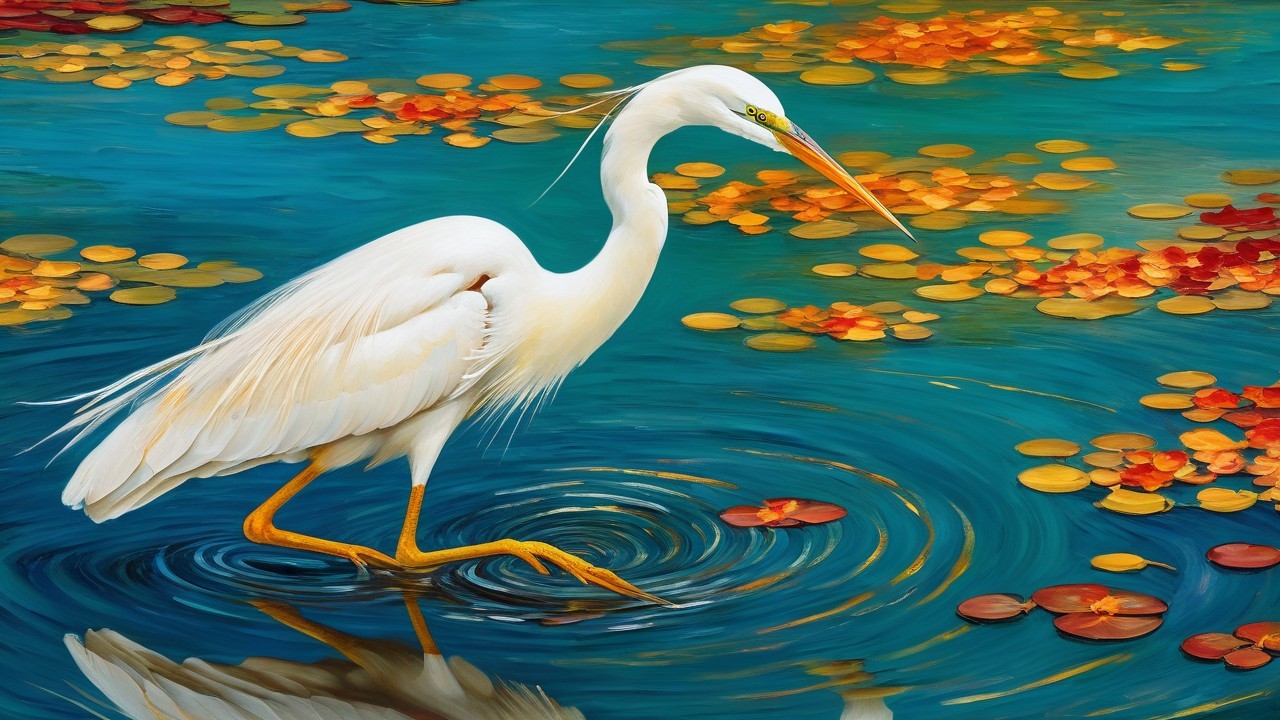 White Egret in Tranquil Pond with Water Lilies