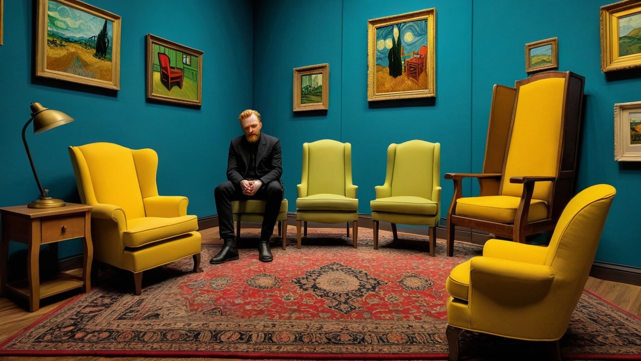 Stylish Interior with Blue Wall and Colorful Chairs