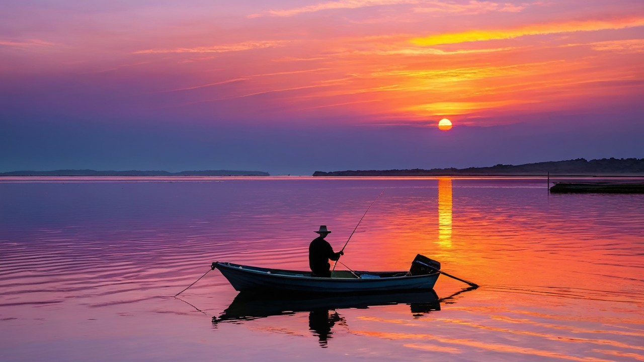 Sunset Over Calm Lake with Fisherman in Boat