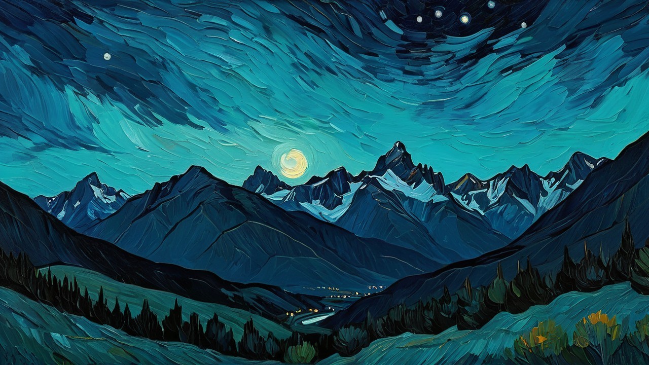 Vibrant Night Sky with Moon and Majestic Mountains