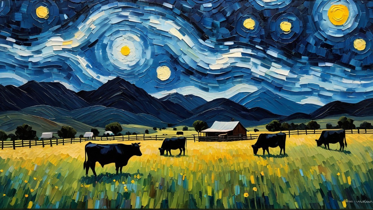 Pastoral Scene Under Swirling Starry Night Sky