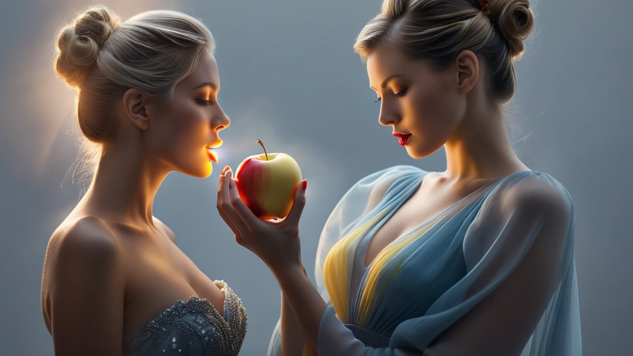Elegant Women in Ethereal Lighting with Red Apple