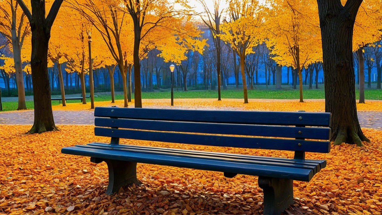 Serene Park Scene with Blue Bench and Autumn Leaves