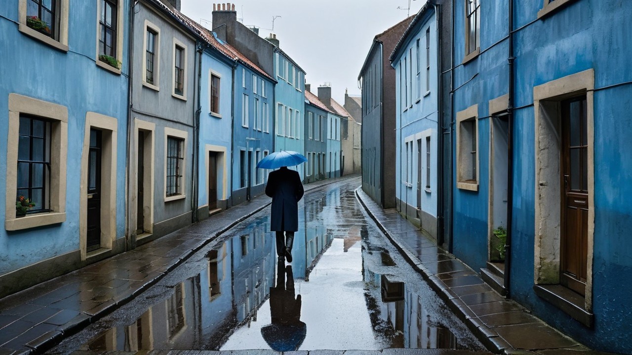 Solitary Figure on Cobblestoned Street with Umbrella