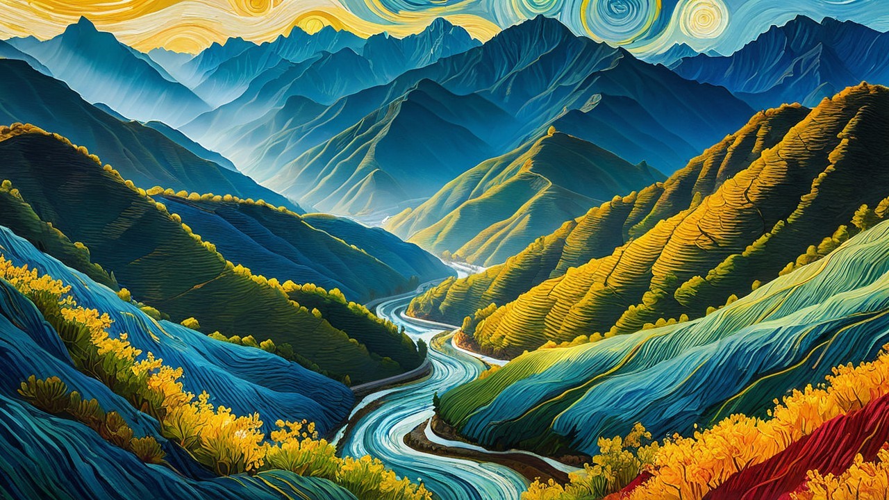 Vivid Landscape of Rolling Mountains and River