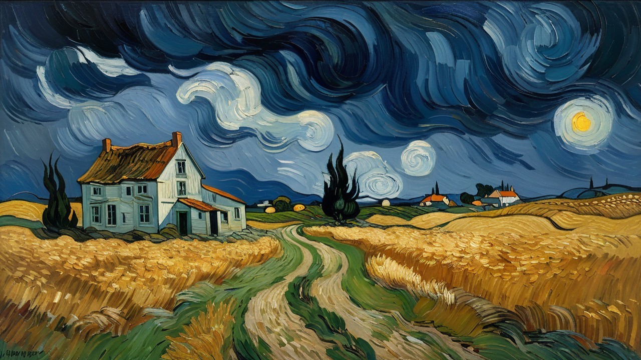 Winding Path Through Wheat Fields and Quaint House
