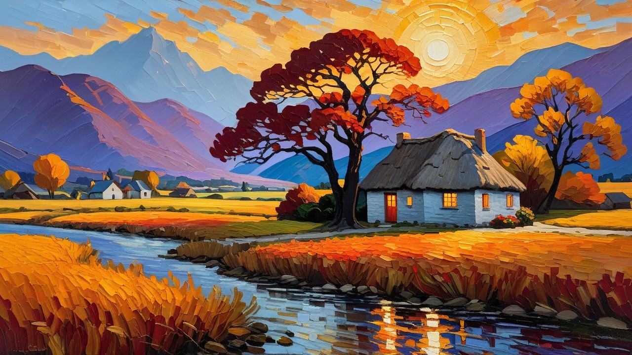 Countryside Sunset with Cottage and Autumn Foliage