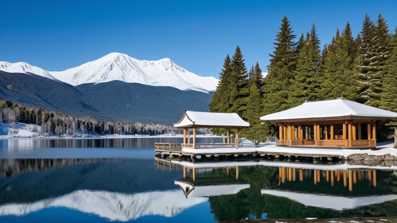 Serene Winter Landscape with Lake and Snowy Mountains