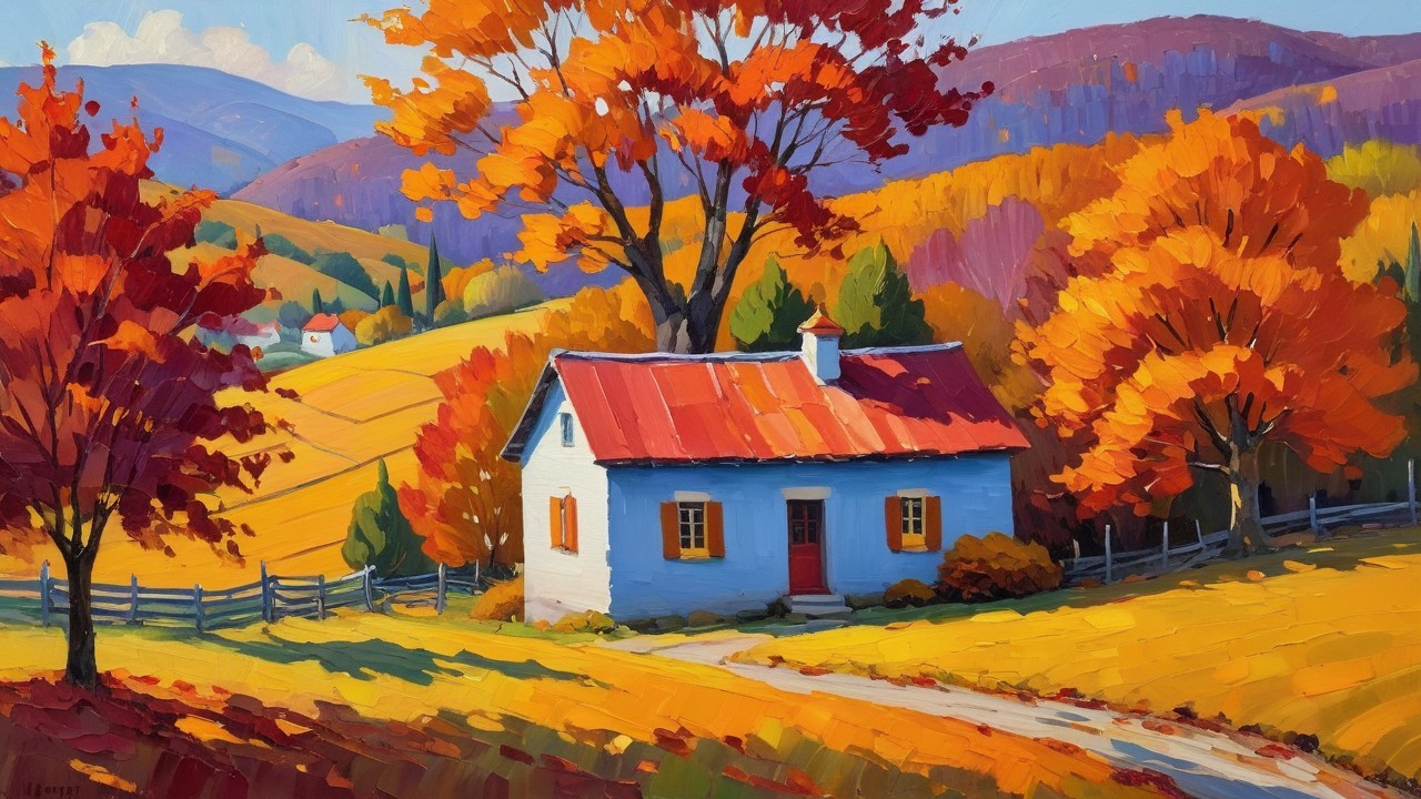 Blue Cottage in Autumn Landscape with Vibrant Foliage
