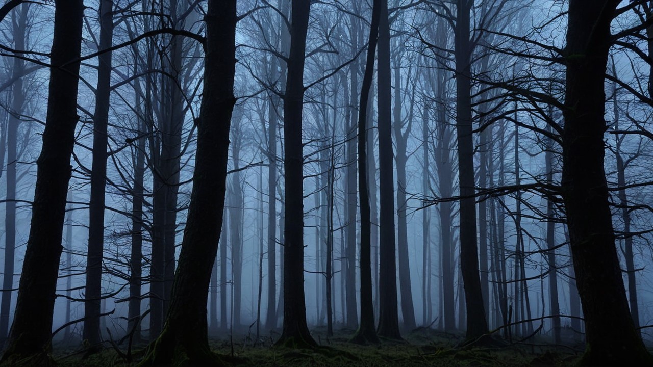 Misty Forest with Tall Trees and Lush Moss Ground