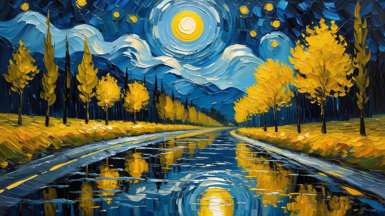 Vibrant Landscape Painting of Moonlit Night Sky
