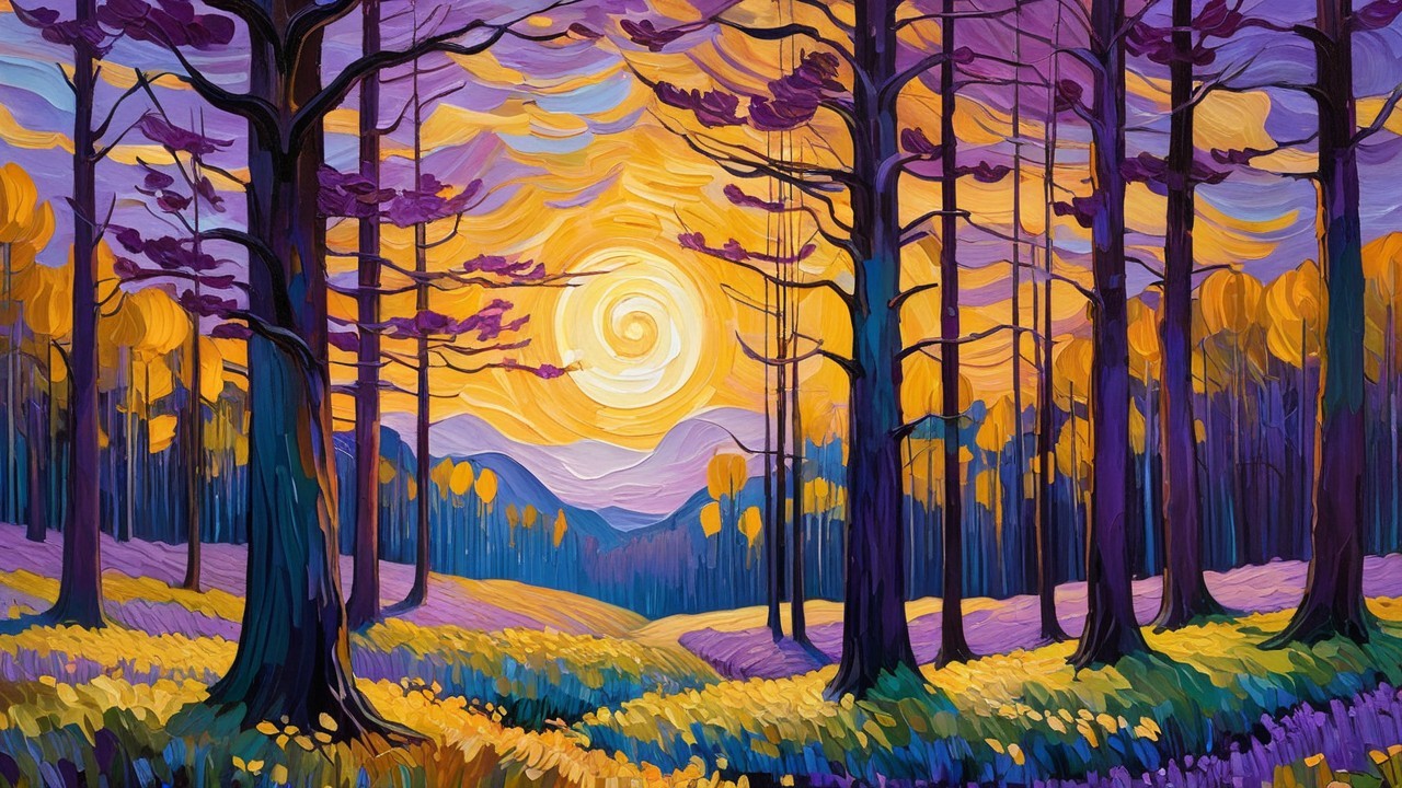 Stylized Trees and Colorful Flowers at Sunset