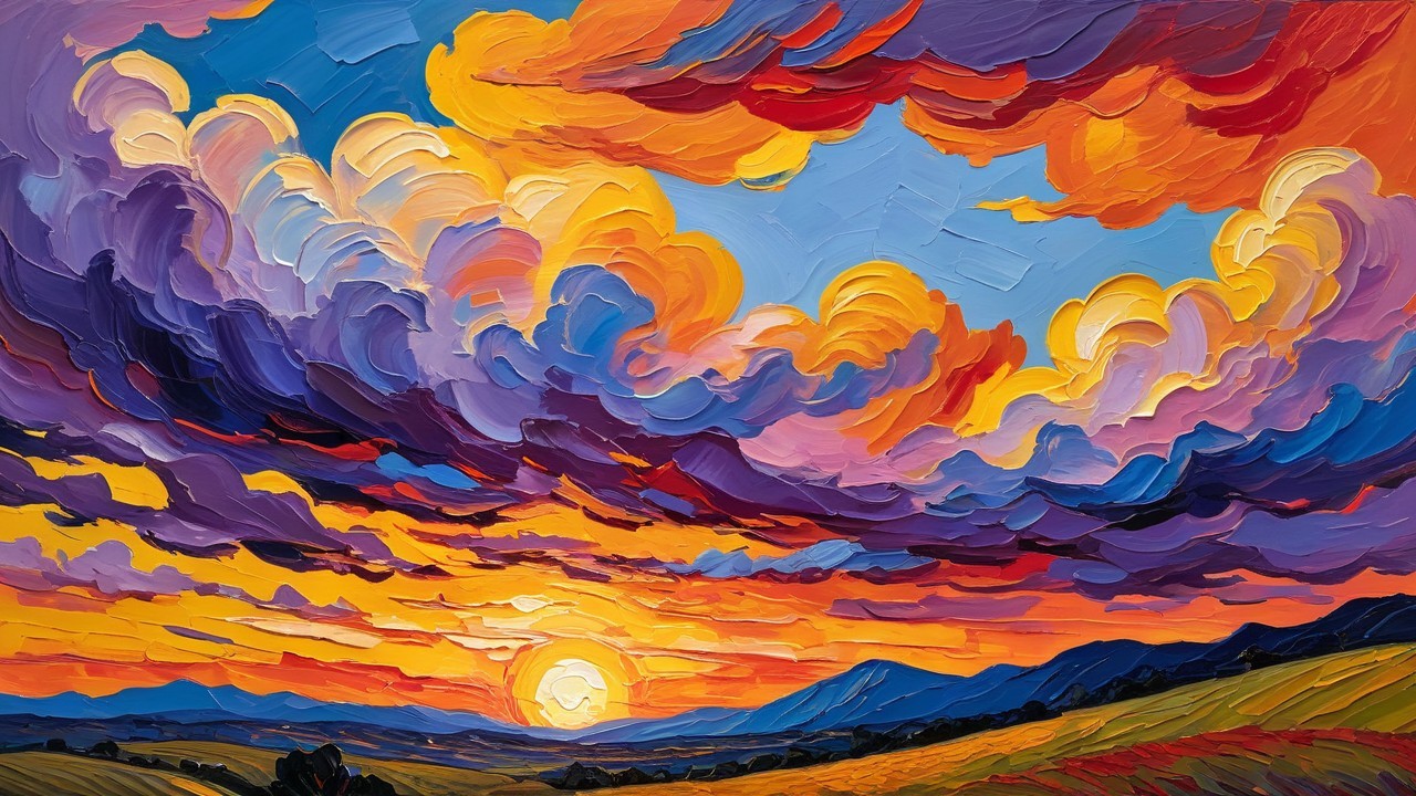 Vibrant Sunset Scene with Textured Clouds and Hills