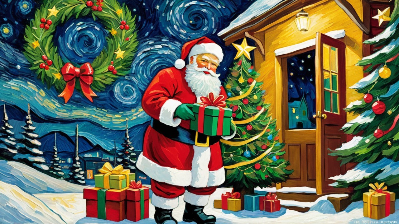 Santa Claus in snowy landscape with Christmas decorations