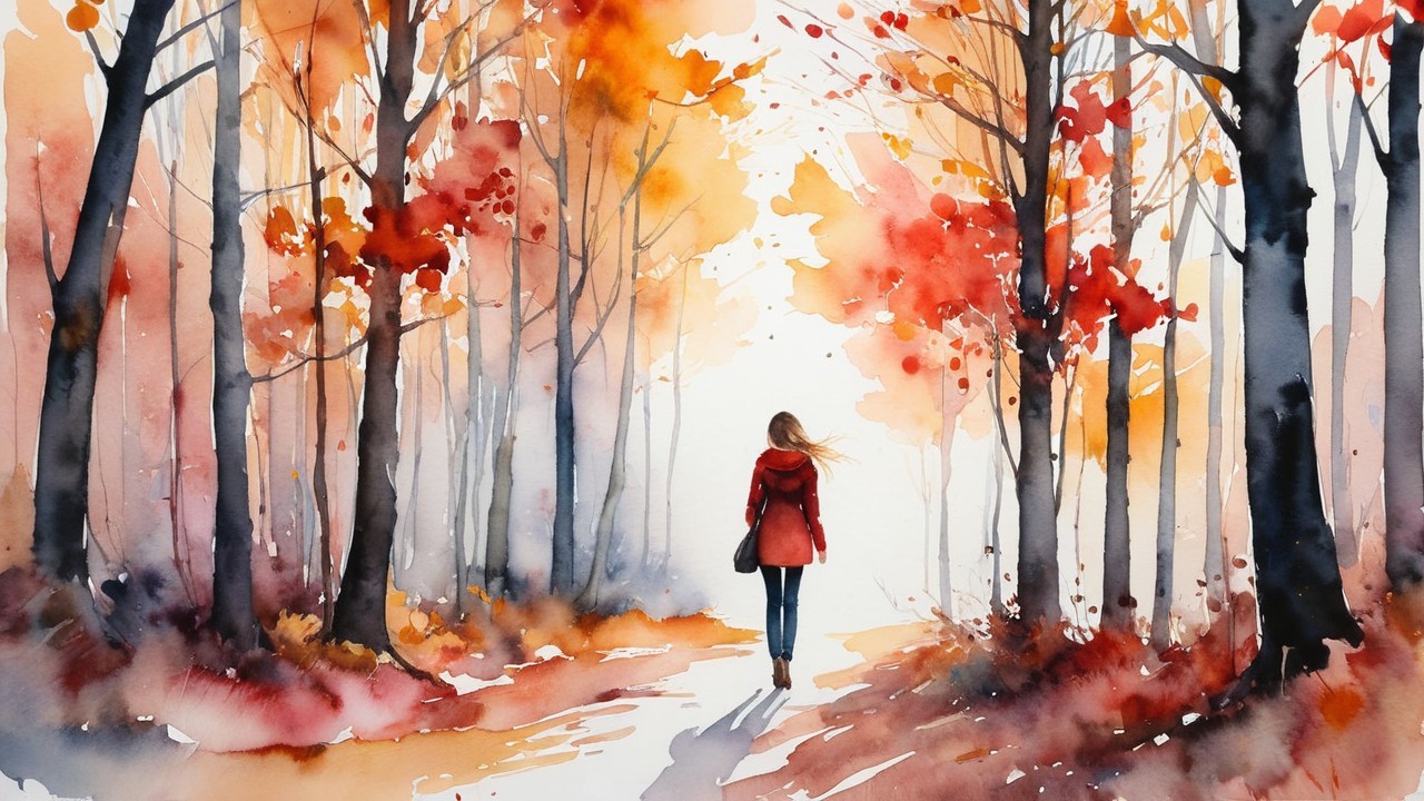 Watercolor of a woman in an autumn forest path