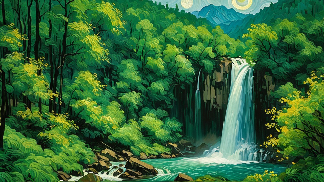 Lush Forest and Cascading Waterfall Scene
