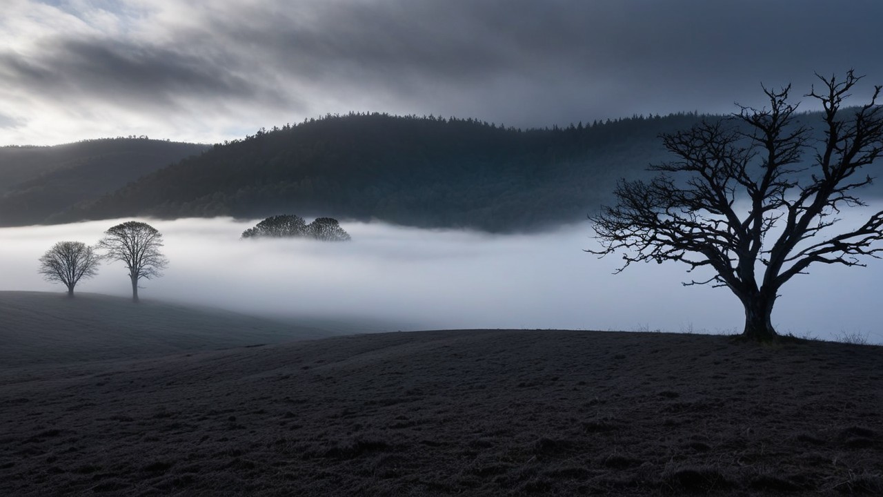 Serene Landscape with Fog and Silhouetted Trees