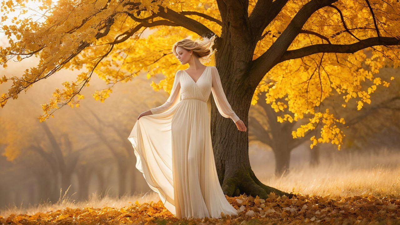 Autumn Scene with Woman in White Dress Under Tree
