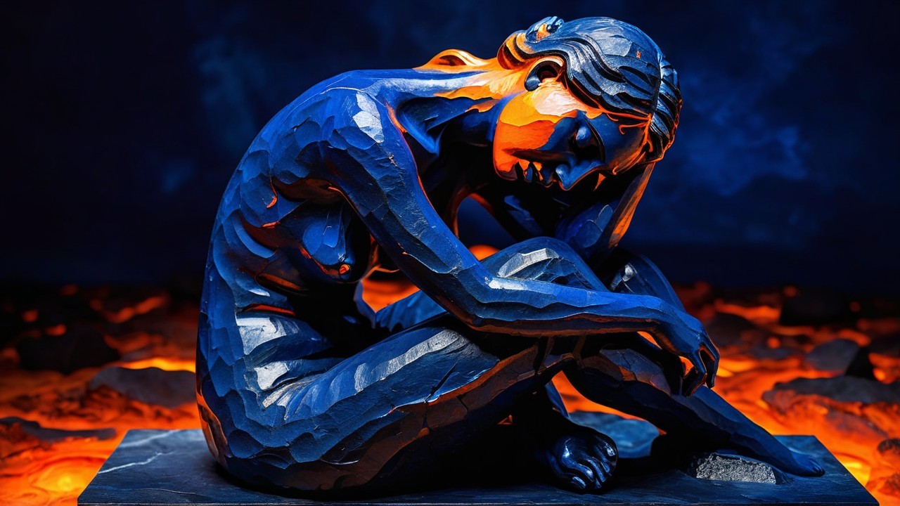 Sculpture of a Contemplative Seated Figure with Lava Backdrop