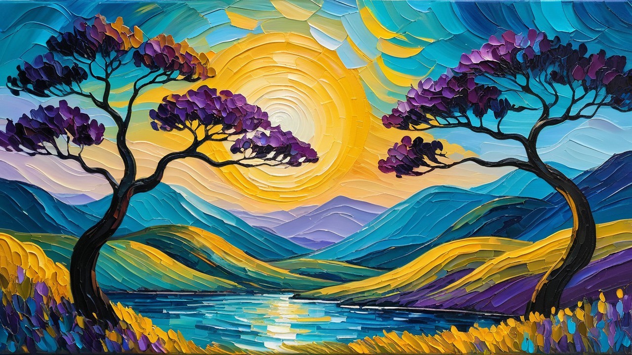 Vibrant landscape painting with stylized trees and hills
