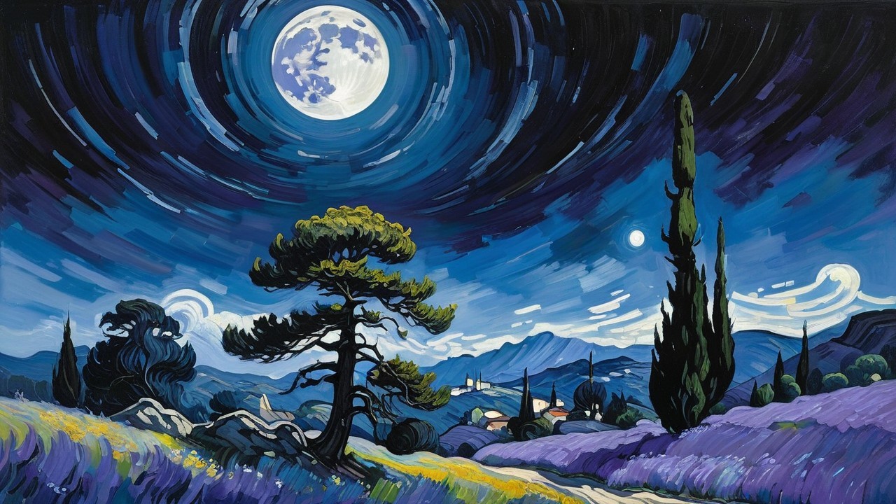 Luminous Night Scene with Moon and Lavender Fields
