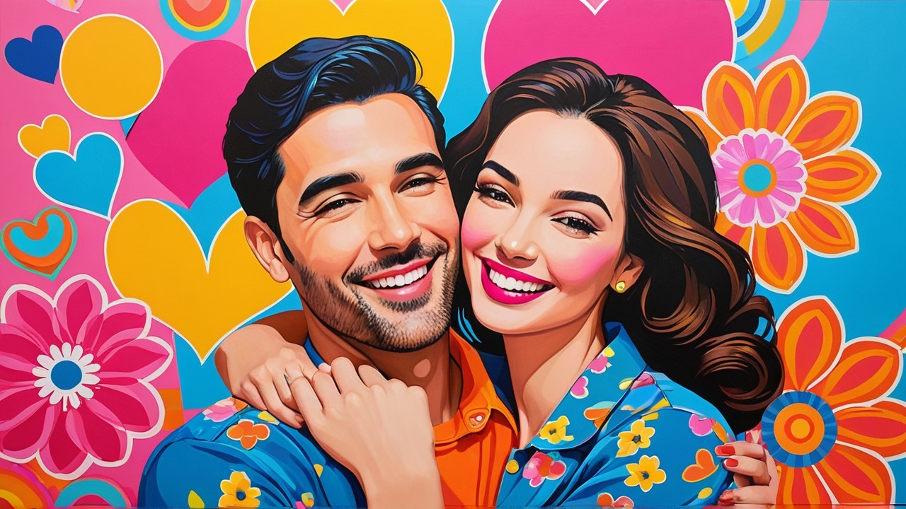 Colorful Illustration of a Happy Couple Surrounded by Hearts