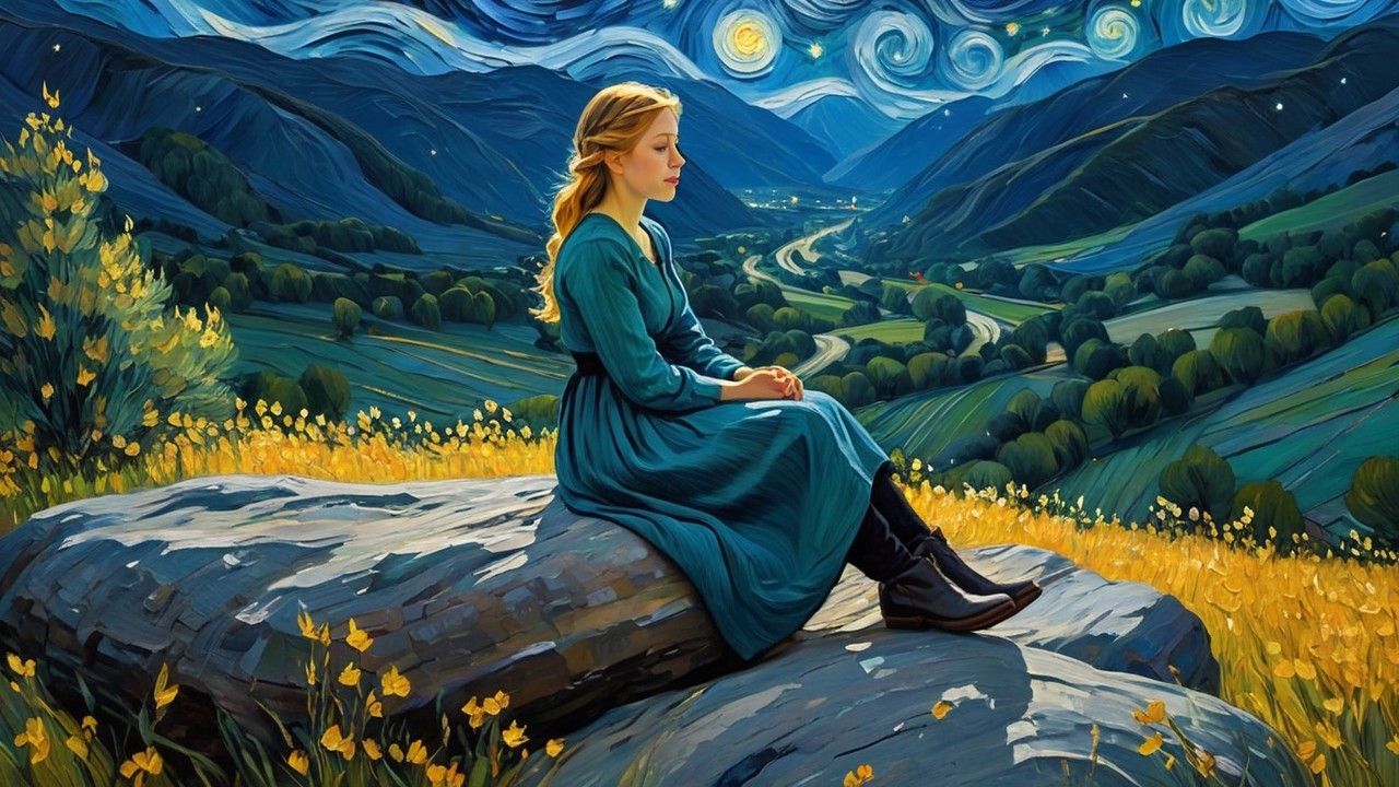 Serene girl in blue dress amid vibrant landscape