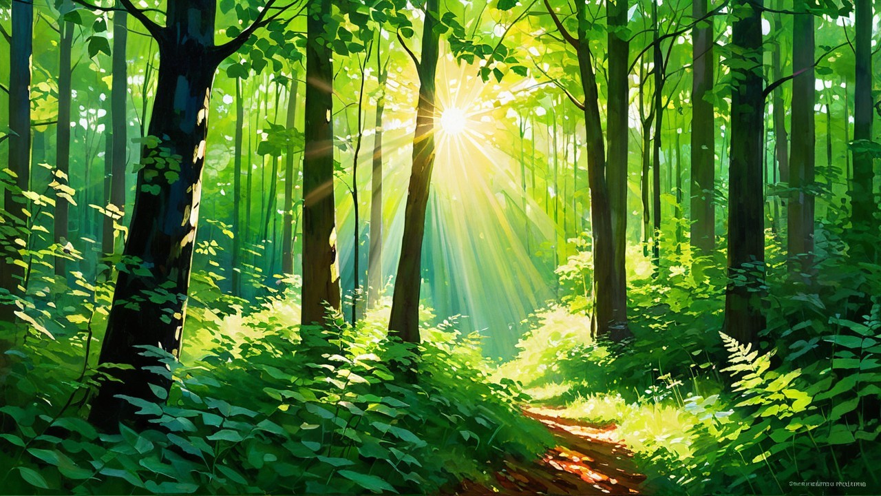 Serene Forest Scene with Sunlight and Vibrant Foliage