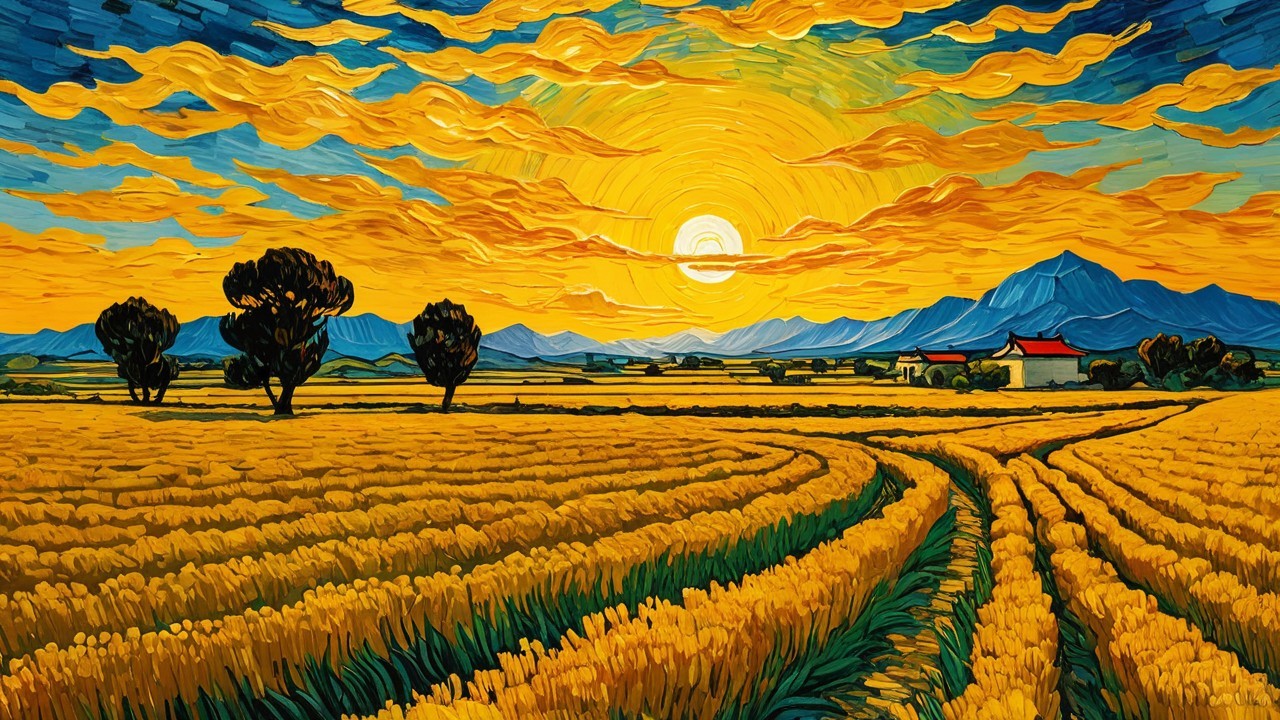 Vibrant Wheat Field Painting with Trees and Mountains