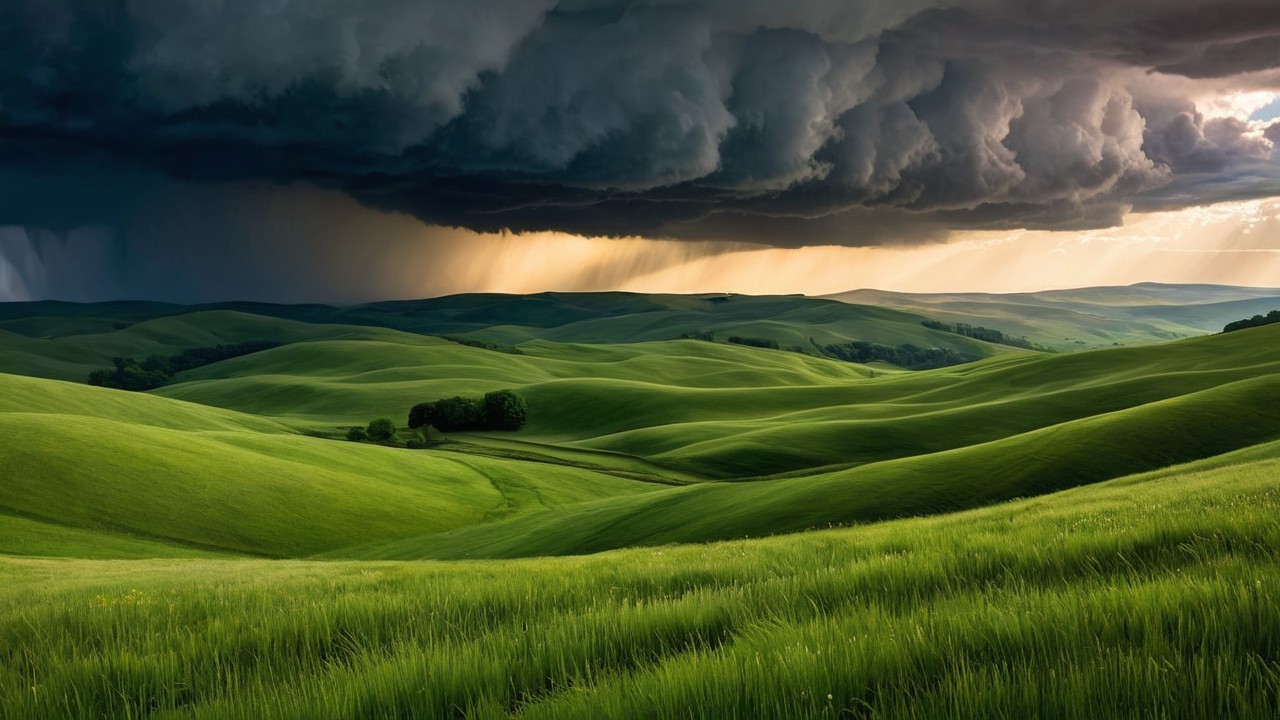 Dramatic Landscape of Green Hills and Ominous Sky