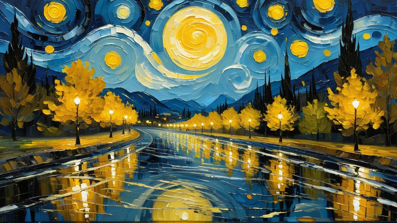 Vibrant Night Sky with Yellow Moon and Reflective Road