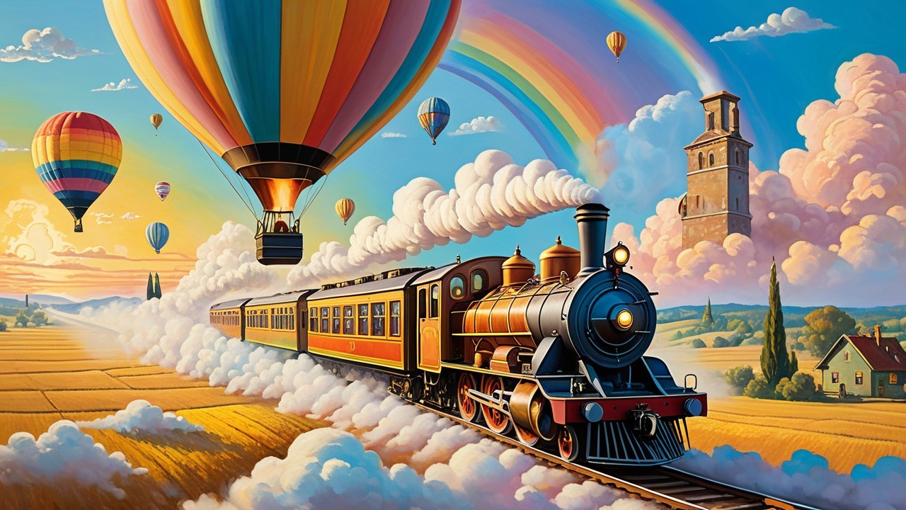 Classic Steam Train in a Vibrant Countryside Scene