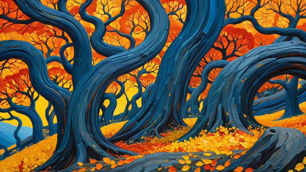 Surreal autumn forest with vibrant foliage and trees