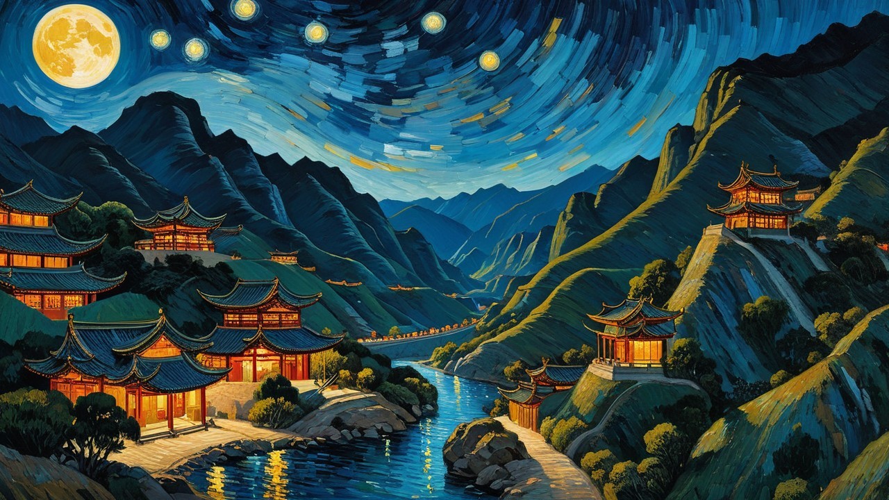 Impressionistic Digital Painting of a Chinese Village Night Scene