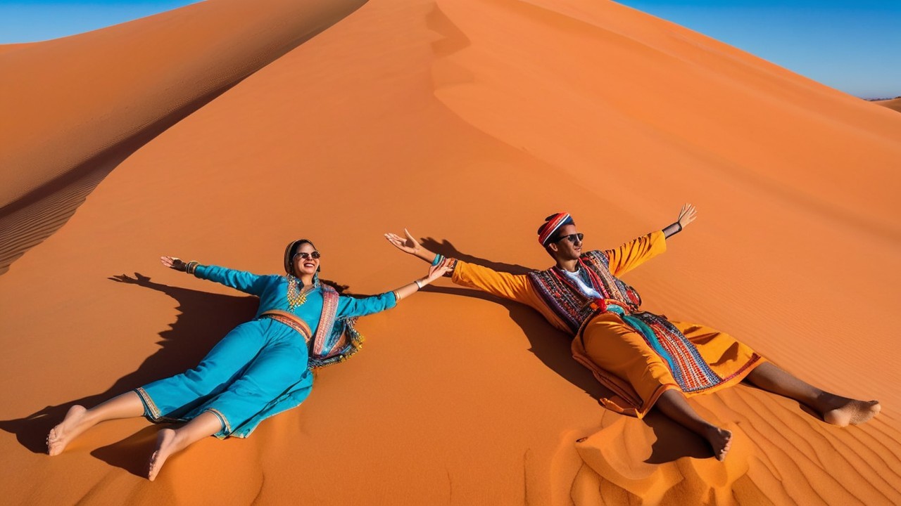 Couple Relaxing on Golden Sand Dune in Desert Setting