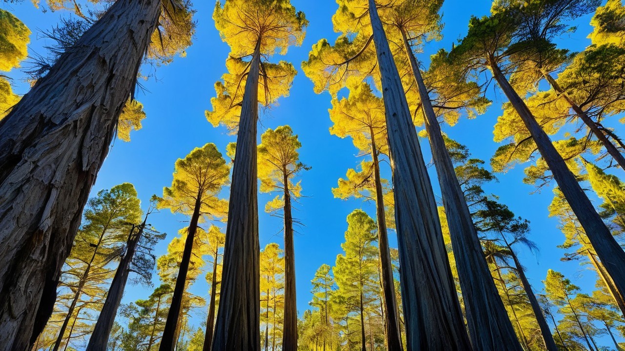 Majestic Forest Scene with Sunlit Trees and Sky