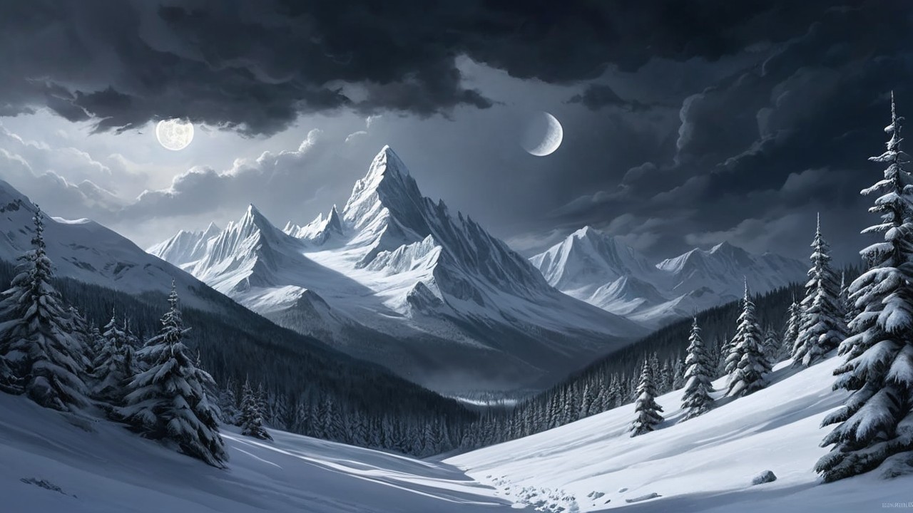 Dramatic Winter Landscape with Snow-Capped Mountains