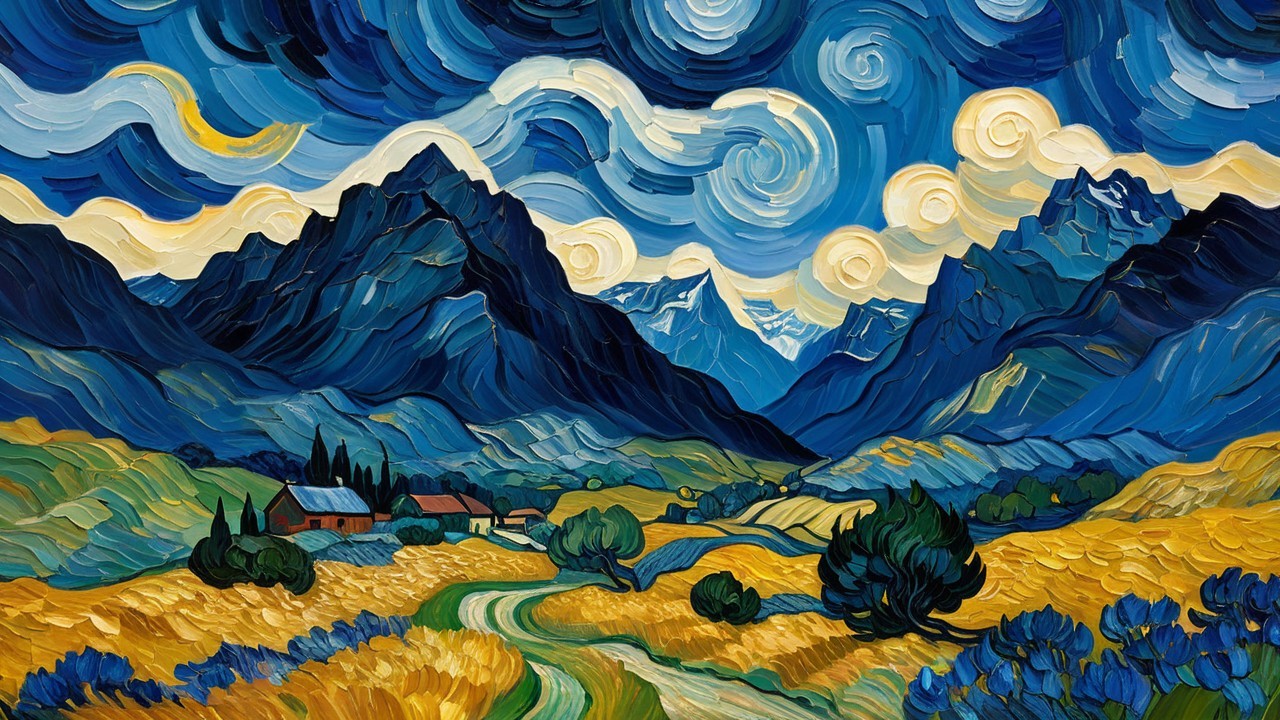 Vibrant Landscape with Hills, Mountains, and Farmhouses