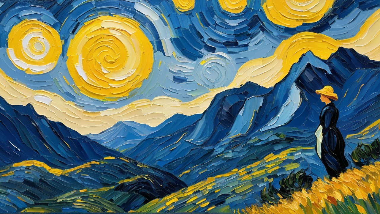 Van Gogh-Style Landscape with Woman and Blue Mountains