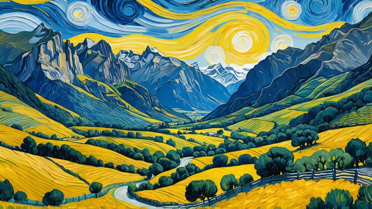 Vibrant Landscape with Rolling Hills and Starry Sky