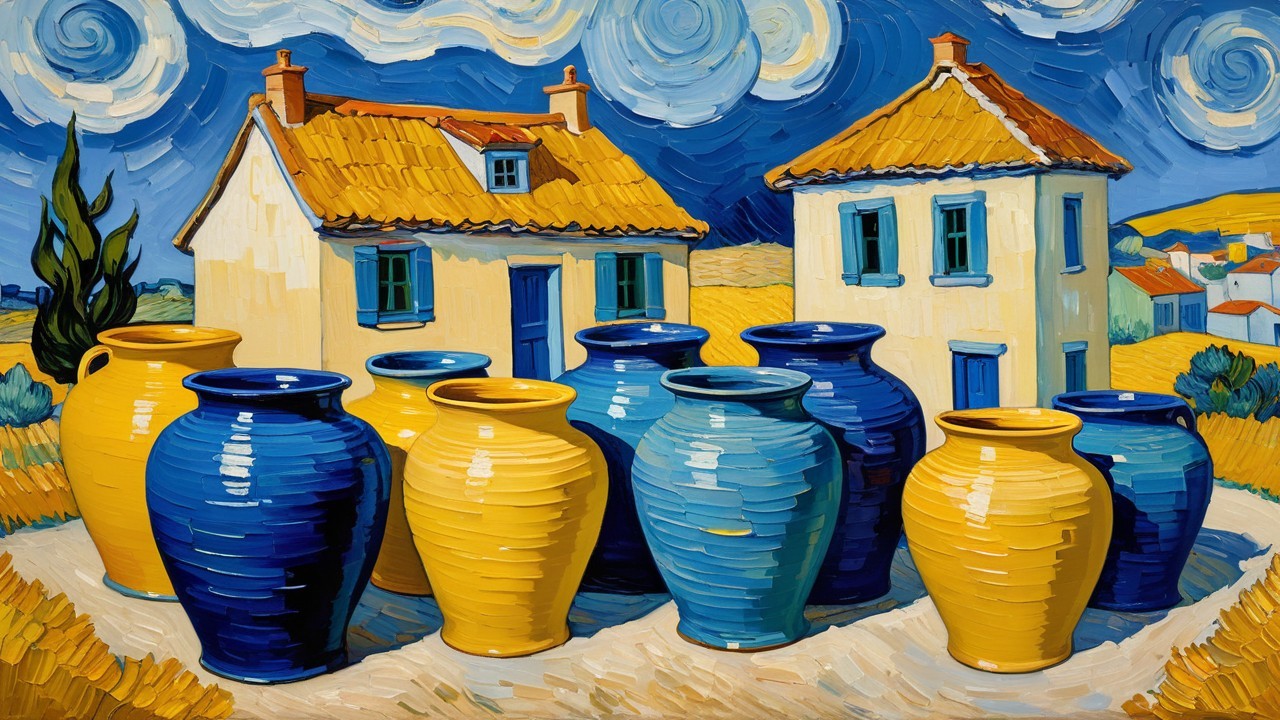 Ceramic Vases and Houses in a Van Gogh Style Painting