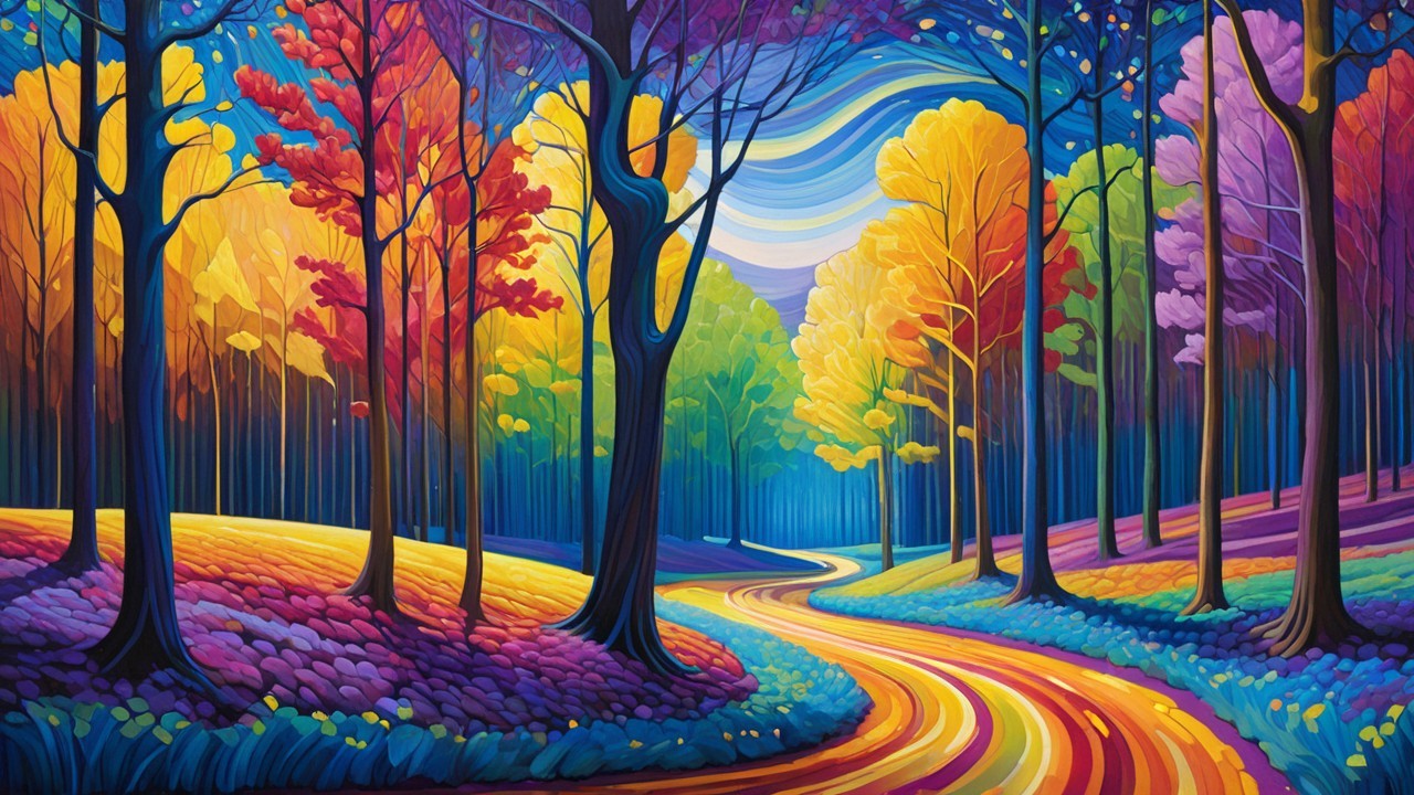 Autumn Forest Scene with Colorful Leaves and Sky