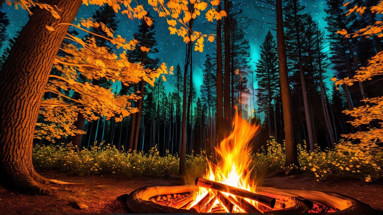 Campfire Surrounded by Colorful Autumn Leaves and Stars